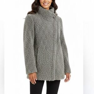 Faux Fur Biker Teddy Jacket Coat Grey Asymmetrical zipper